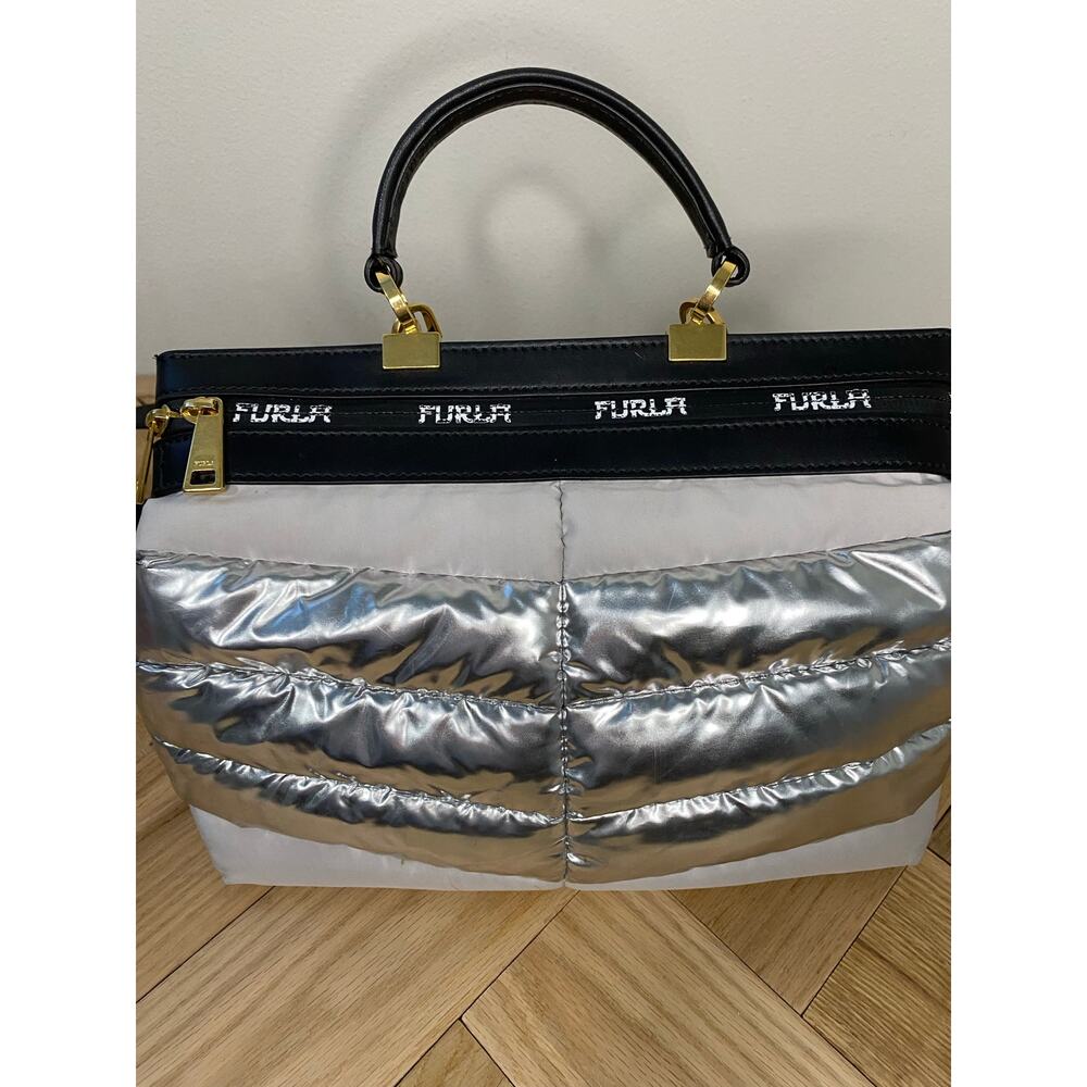 Furla Metallic Silver Puffer Nylon Tote Bag Black Leather Trim - Picture 4 of 7